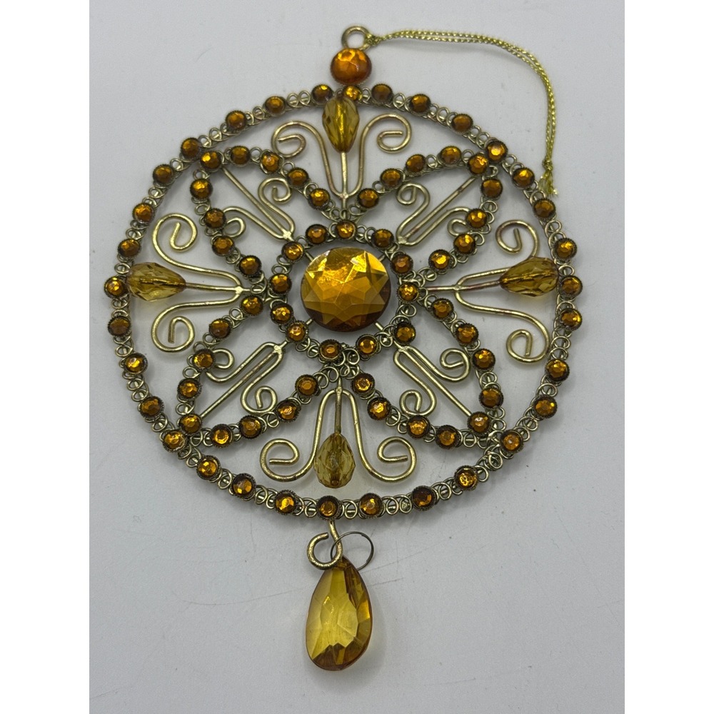 Gold Tone Amber Crystal Rhinestone Mandala Ornament Suncatcher 4.5 Inch‎ Round